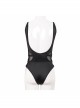 Punk Style Vertical Striped Knitted Patchwork Micro Transparent Mesh Front Center Adjustable Zipper Black Suspender One Piece Swimsuit