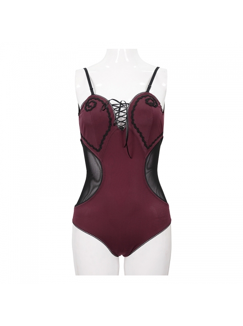 Gothic Style Slim Woven Waist Splicing Mesh Fabric Chest Tie Decoration Burgundy Open Back One-Piece Swimsuit