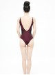 Gothic Style Slim Woven Waist Splicing Mesh Fabric Chest Tie Decoration Burgundy Open Back One-Piece Swimsuit