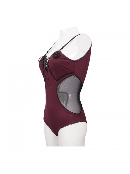 Gothic Style Slim Woven Waist Splicing Mesh Fabric Chest Tie Decoration Burgundy Open Back One-Piece Swimsuit