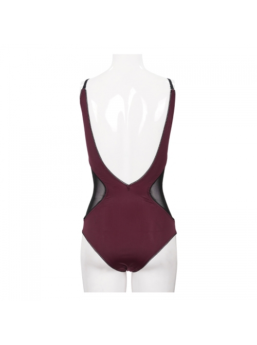 Gothic Style Slim Woven Waist Splicing Mesh Fabric Chest Tie Decoration Burgundy Open Back One-Piece Swimsuit