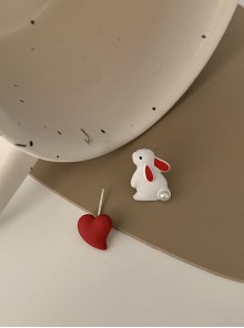 Cute Little White Rabbit Pearl Tail Red Love Heart Kawaii Childlike Sweet Lolita Silver Needle Earrings