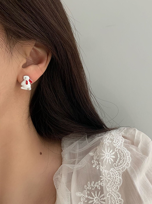 Cute Little White Rabbit Pearl Tail Red Love Heart Kawaii Childlike Sweet Lolita Silver Needle Earrings