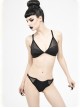 Punk Style Vertical Stripes Knitted Front Bat Pattern Patchwork Micro Transparent Mesh Black Adjustable Swimsuit Set