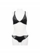 Punk Style Vertical Stripes Knitted Front Bat Pattern Patchwork Micro Transparent Mesh Black Adjustable Swimsuit Set