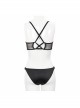 Punk Style Vertical Stripes Knitted Front Bat Pattern Patchwork Micro Transparent Mesh Black Adjustable Swimsuit Set