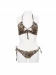 Punk Elastic Adjustable Suspenders Brown Leopard Print Lace Up Swimsuit Set