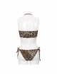 Punk Elastic Adjustable Suspenders Brown Leopard Print Lace Up Swimsuit Set