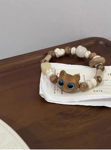 Natural Stone Resin Ceramic Shells Wooden Big Eyes Kitten Beaded Kawaii Fashion Bracelet