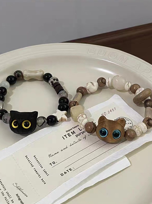 Natural Stone Resin Ceramic Shells Wooden Big Eyes Kitten Beaded Kawaii Fashion Bracelet