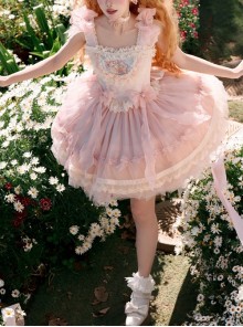 Shell Rabbit Series Pink Ballet Princess Style Dreamy Mesh Yarn Bunny Embroidery Sweet Lolita Vest Skirt Set