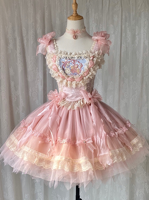 Shell Rabbit Series Pink Ballet Princess Style Dreamy Mesh Yarn Bunny Embroidery Sweet Lolita Vest Skirt Set