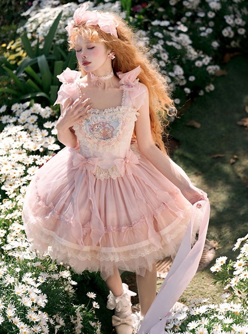 Shell Rabbit Series Pink Ballet Princess Style Dreamy Mesh Yarn Bunny Embroidery Sweet Lolita Vest Skirt Set