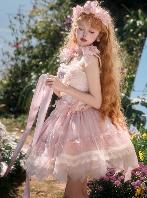 Shell Rabbit Series Pink Ballet Princess Style Dreamy Mesh Yarn Bunny Embroidery Sweet Lolita Vest Skirt Set