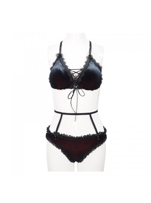 Gothic Style Sexy Velvet Stitching Lace Black And Red Swimsuit Set