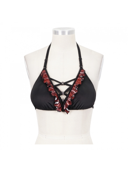 Punk Style Personalized Ruffled Chest Tie Skull Decoration Black And Red Halter Neck Swimsuit