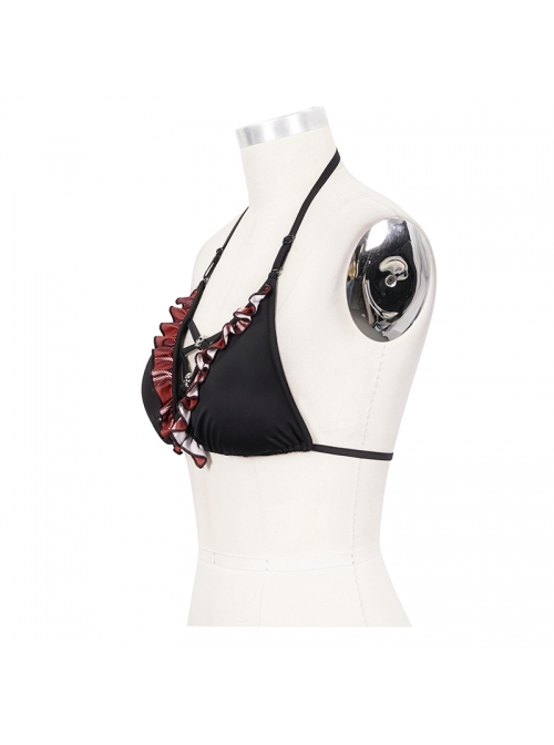 Punk Style Personalized Ruffled Chest Tie Skull Decoration Black And Red Halter Neck Swimsuit