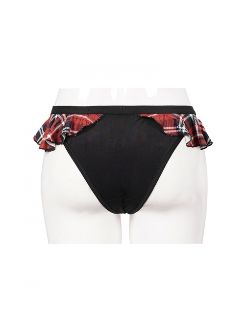 Punk Style Personality Ruffled Grid Pattern Decorated Black And Red Swim Shorts