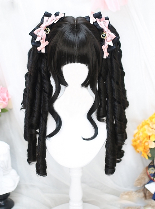 Elegant Cute Quadratic Element Roman Roll Dual Horsetail Chic Curled Sideburns Long Curly Hair Clip Sweet Lolita Wig