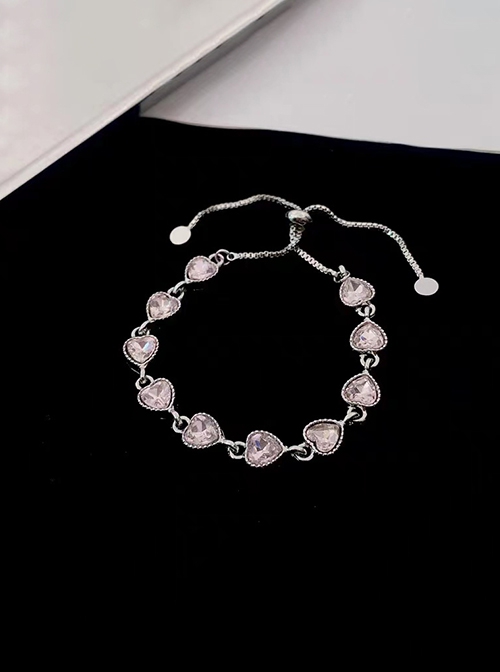 Light Luxury Chic Stylish Pink Heart Shaped Artificial Diamond Sweet Lolita Alloy Bracelet