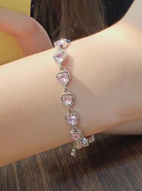 Light Luxury Chic Stylish Pink Heart Shaped Artificial Diamond Sweet Lolita Alloy Bracelet