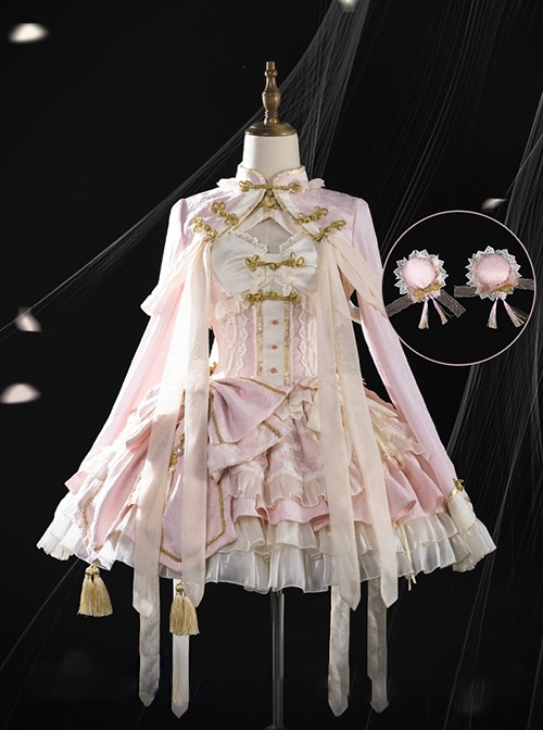 White Pear Dream Series Cute Ruffles Chinoiserie Sweet Lolita Lively Idol Beautiful Girl Sleeveless Dress Coat Set