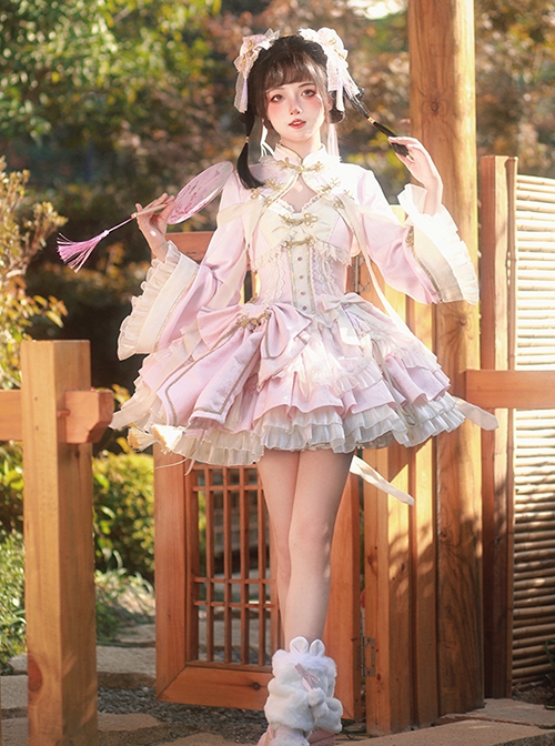 White Pear Dream Series Cute Ruffles Chinoiserie Sweet Lolita Lively Idol Beautiful Girl Sleeveless Dress Coat Set