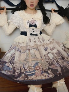 Downton Kitten Series Gorgeous Purple Doll Collar Retro Cute Childlike Cat Butler Print Sweet Lolita Puff Sleeves Dress