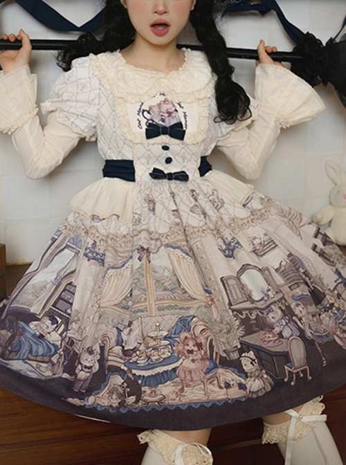 Downton Kitten Series Gorgeous Purple Doll Collar Retro Cute Childlike Cat Butler Print Sweet Lolita Puff Sleeves Dress