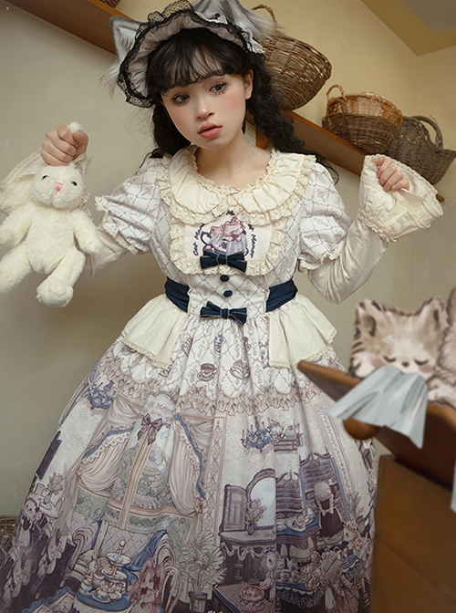 Downton Kitten Series Gorgeous Purple Doll Collar Retro Cute Childlike Cat Butler Print Sweet Lolita Puff Sleeves Dress