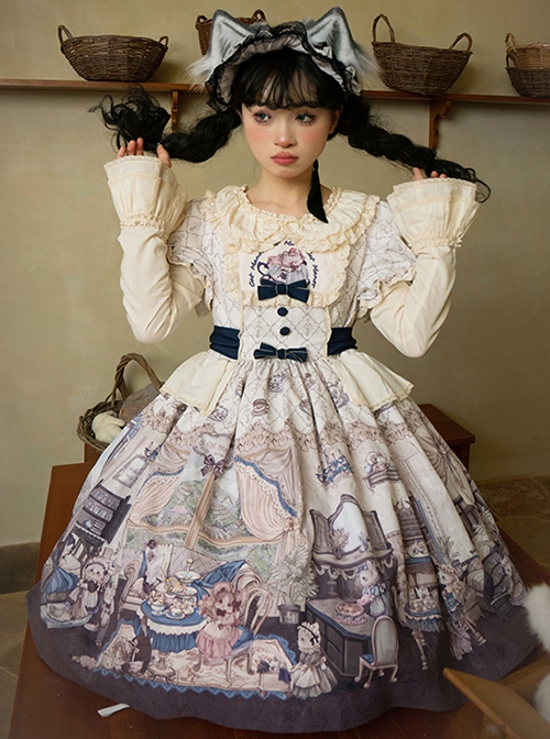 Downton Kitten Series Gorgeous Purple Doll Collar Retro Cute Childlike Cat Butler Print Sweet Lolita Puff Sleeves Dress