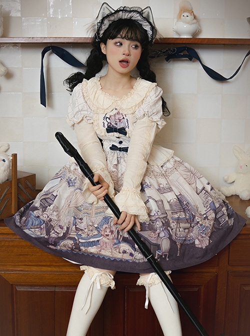 Downton Kitten Series Gorgeous Purple Doll Collar Retro Cute Childlike Cat Butler Print Sweet Lolita Puff Sleeves Dress