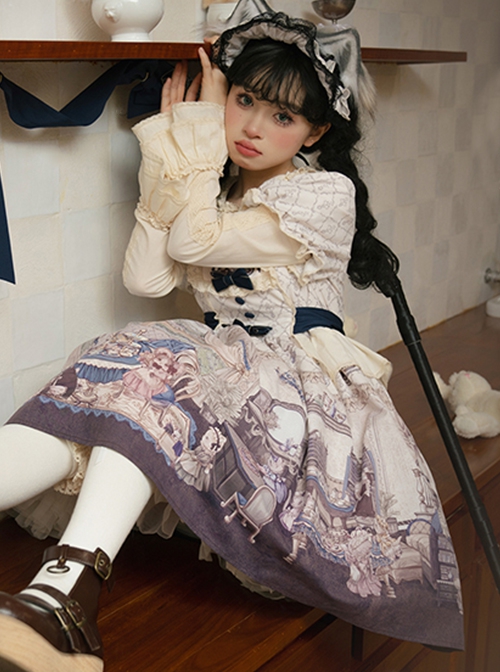 Downton Kitten Series Gorgeous Purple Doll Collar Retro Cute Childlike Cat Butler Print Sweet Lolita Puff Sleeves Dress