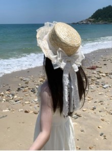 Elegant Sweet Versatile Handmade Lace Bowknot Pastoral Style Classic Lolita Forest Style Round Straw Hat