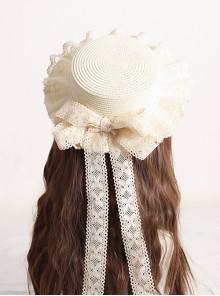 Summer Forest Style White Sweet  Handmade Lace Bowknot Elegant Pastoral Classic Lolita Ruffles Straw Hat