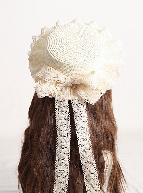 Summer Forest Style White Sweet  Handmade Lace Bowknot Elegant Pastoral Classic Lolita Ruffles Straw Hat