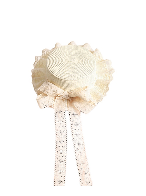 Summer Forest Style White Sweet  Handmade Lace Bowknot Elegant Pastoral Classic Lolita Ruffles Straw Hat