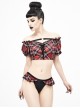 Punk Style Elastic Mesh Pattern Front Center Webbing Heart Ring Embellishment Black And Red Semi Transparent Swimsuit Blouse