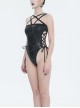 Gothic Style Shiny Leather Five Pointed Star Print Pattern Sexy Hollow Strap Design On The Waist Side Black Sling One Piece Swimsuit