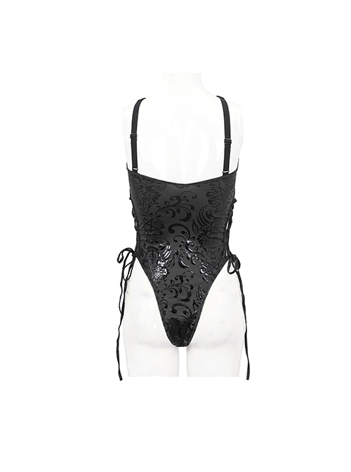 Gothic Style Shiny Leather Five Pointed Star Print Pattern Sexy Hollow Strap Design On The Waist Side Black Sling One Piece Swimsuit