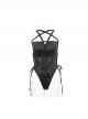 Gothic Style Shiny Leather Five Pointed Star Print Pattern Sexy Hollow Strap Design On The Waist Side Black Sling One Piece Swimsuit