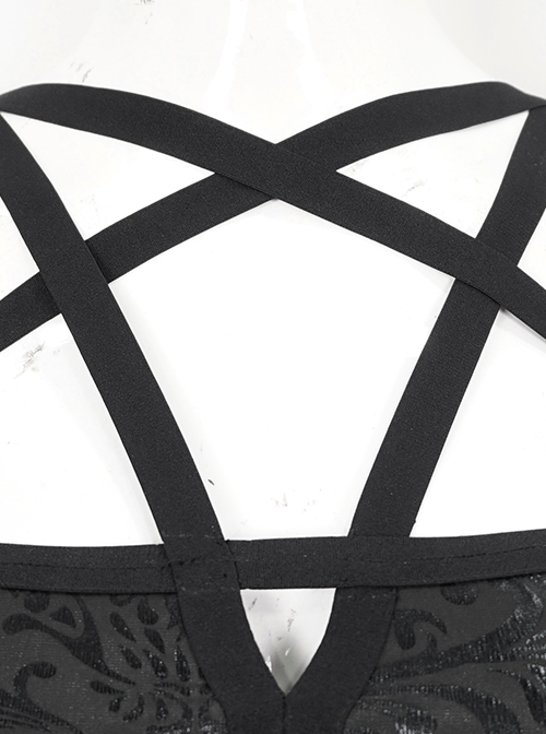 Gothic Style Shiny Leather Five Pointed Star Print Pattern Sexy Hollow Strap Design On The Waist Side Black Sling One Piece Swimsuit