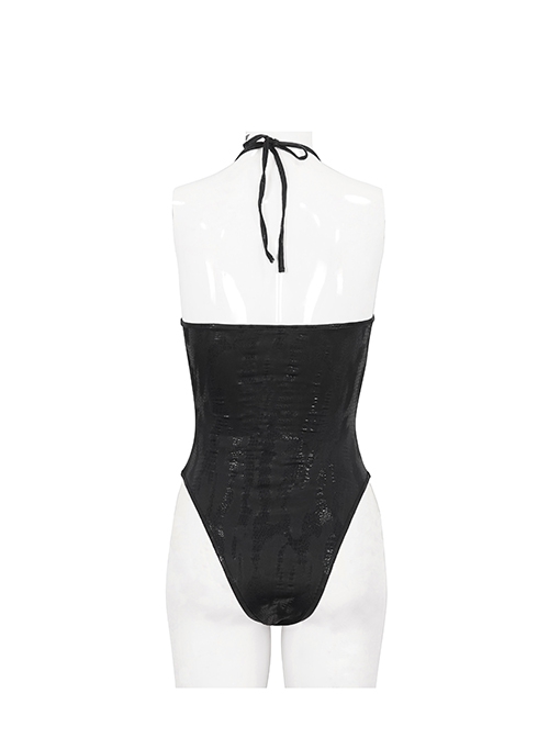 Gothic Style Sexy Backless Irregular Skull Print Mesh Front Chest Cross Ring Design Black One Piece Swimsuit