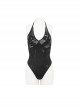 Gothic Style Sexy Backless Irregular Skull Print Mesh Front Chest Cross Ring Design Black One Piece Swimsuit