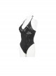 Gothic Style Sexy Backless Irregular Skull Print Mesh Front Chest Cross Ring Design Black One Piece Swimsuit