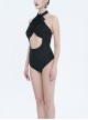 Gothic Style Sexy Hollow Pattern Print Pattern With Lace False Collar Black One Piece Swimsuit