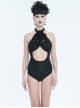 Gothic Style Sexy Hollow Pattern Print Pattern With Lace False Collar Black One Piece Swimsuit