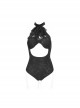 Gothic Style Sexy Hollow Pattern Print Pattern With Lace False Collar Black One Piece Swimsuit