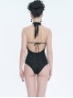 Gothic Style Sexy Hollow Pattern Print Pattern With Lace False Collar Black One Piece Swimsuit