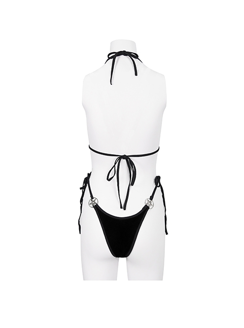 Gothic Style Sexy See Through Velvet Fabric Side Dragon Mouth Five Pointed Star Decoration Black Sexy Swimsuit Set